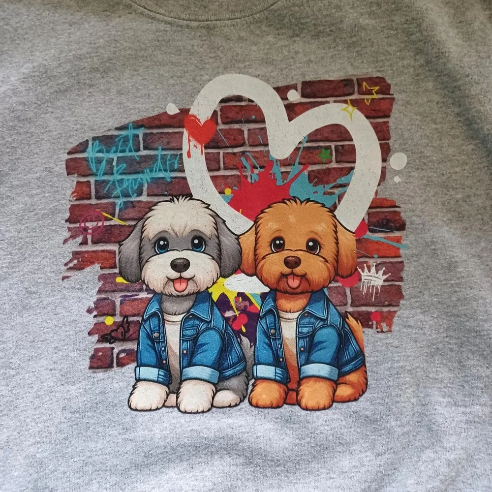 Kids Puppy Sweatshirt Gray Crewneck Dogs Graphic‎ Street Art Size 12 Playful Fun